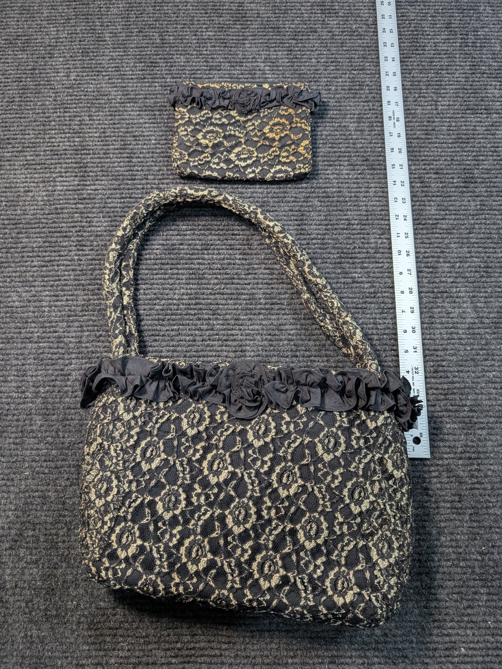 Vintage Black Gold Metallic Floral Lace Rosette Shoulder Bag & Matching Pouch